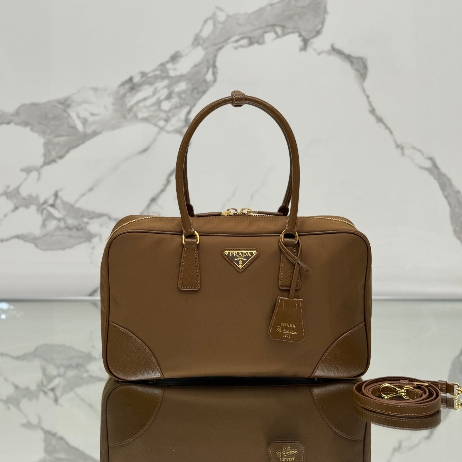 PRADA LARGE TOP HANDLE BAG 35 IN CHERRY WOOD NYLON AND CALFSKIN TRIM
