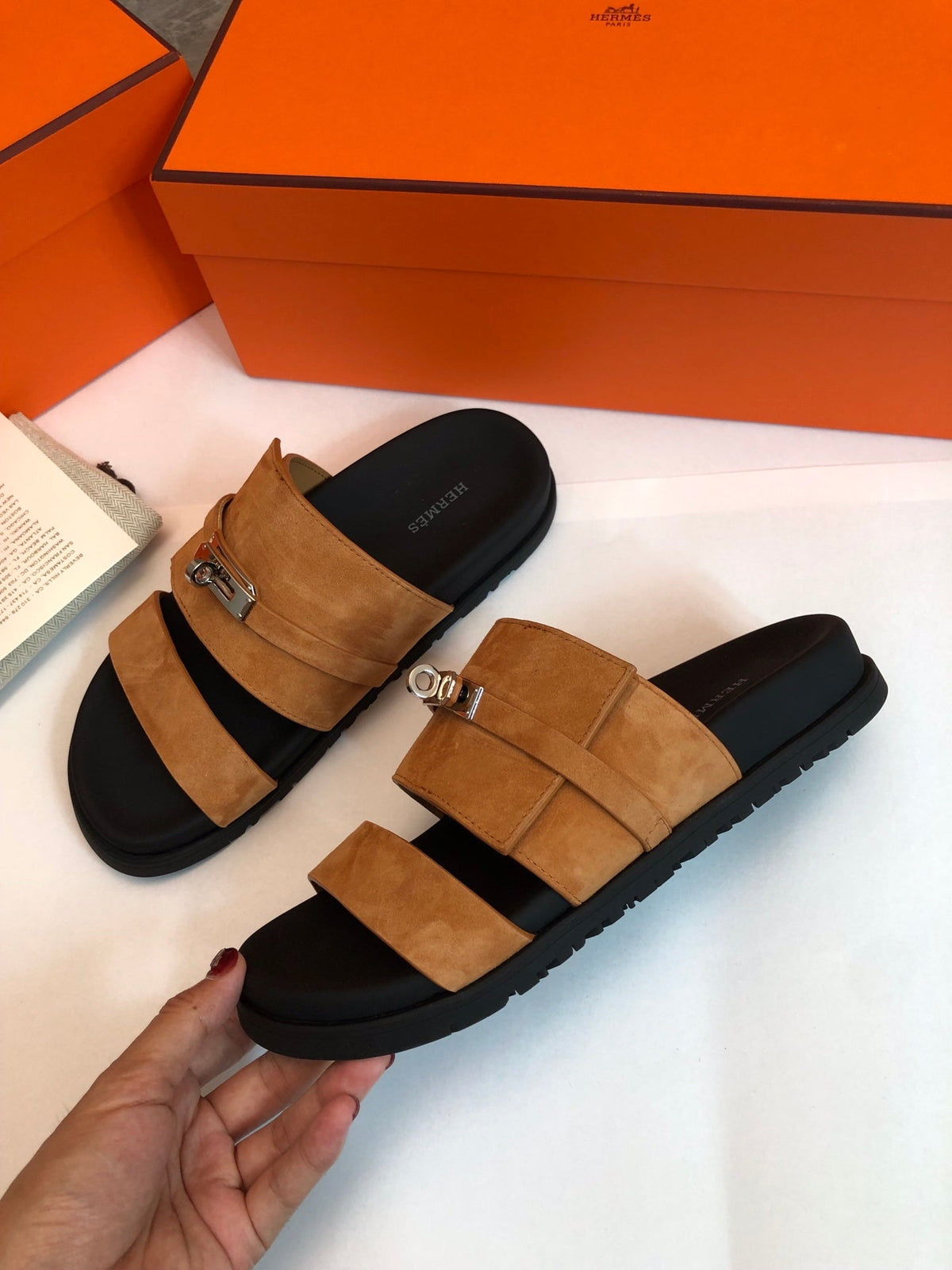 HERMES GABRIEL SANDAL MULE IN BRONZE BROWN SUEDE