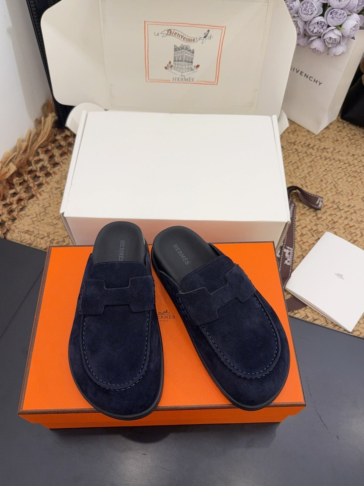 HERMES 25S MULE IN DARK SLATE BLUE SUEDE