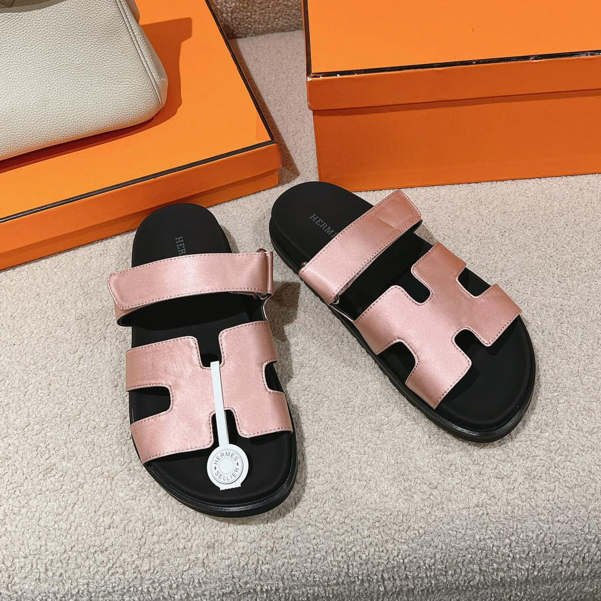 HERMES CHYPRE SANDAL BLACK MIX PASTEL PINK CALFSKIN